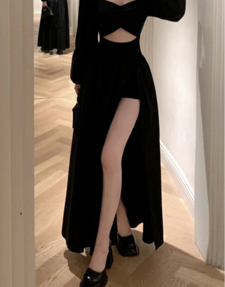 pantsparadises holiday dress Long Sleeve Dresses Women Clothes Gown Sexy Side-slit Solid Maxi Vestidos Mujer Chic Autumn French Streetwear Unique Design New