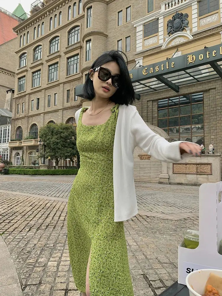 pantsparadises Green Elegant Floral Midi Dress Women Casual Vintage Sexy Split Slip Dress Female 2024 Summer Korean Style Slim Club Party Dress