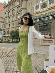 pantsparadises Green Elegant Floral Midi Dress Women Casual Vintage Sexy Split Slip Dress Female 2024 Summer Korean Style Slim Club Party Dress