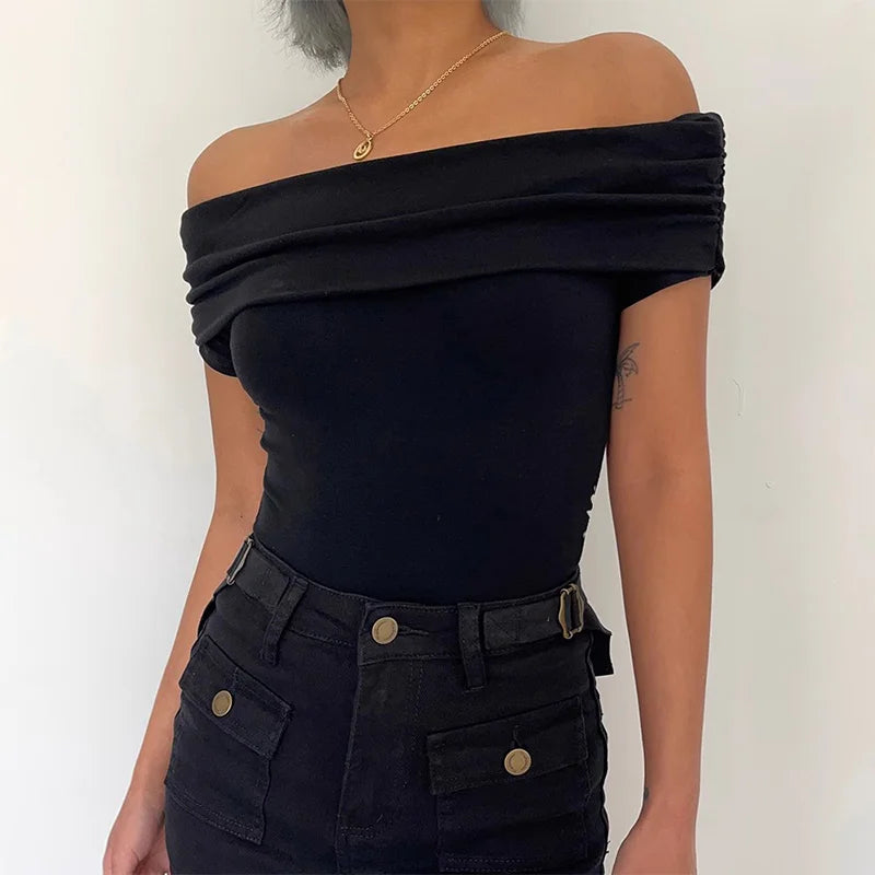 Black Off Shoulder Elegant Short Tops Side Pleated Fashion Slim Sexy Cropped T Shirt Women Summer Y2k Clothing Skinny Top