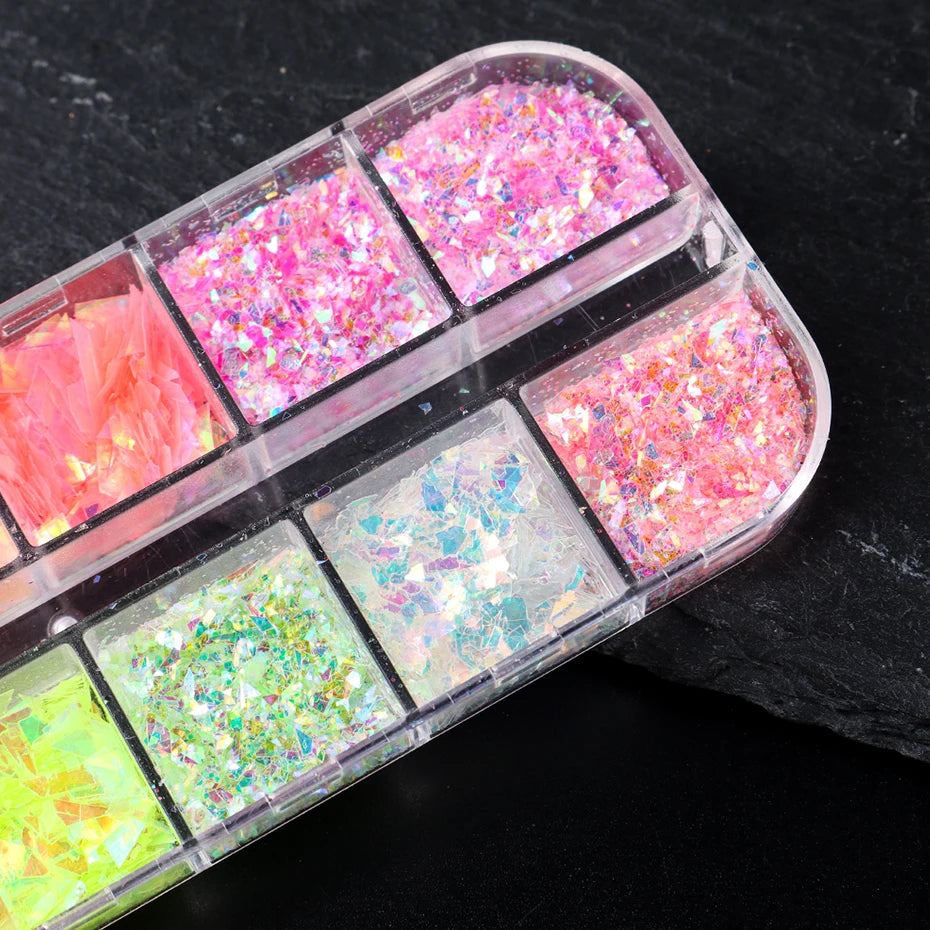 pantsparadises 12 Grids Aurora Chameleon Nail Glitter Flakes Irregular Crystal Glass Sequins Powder Shiny Mermaid Paillette Nail Art Decoration