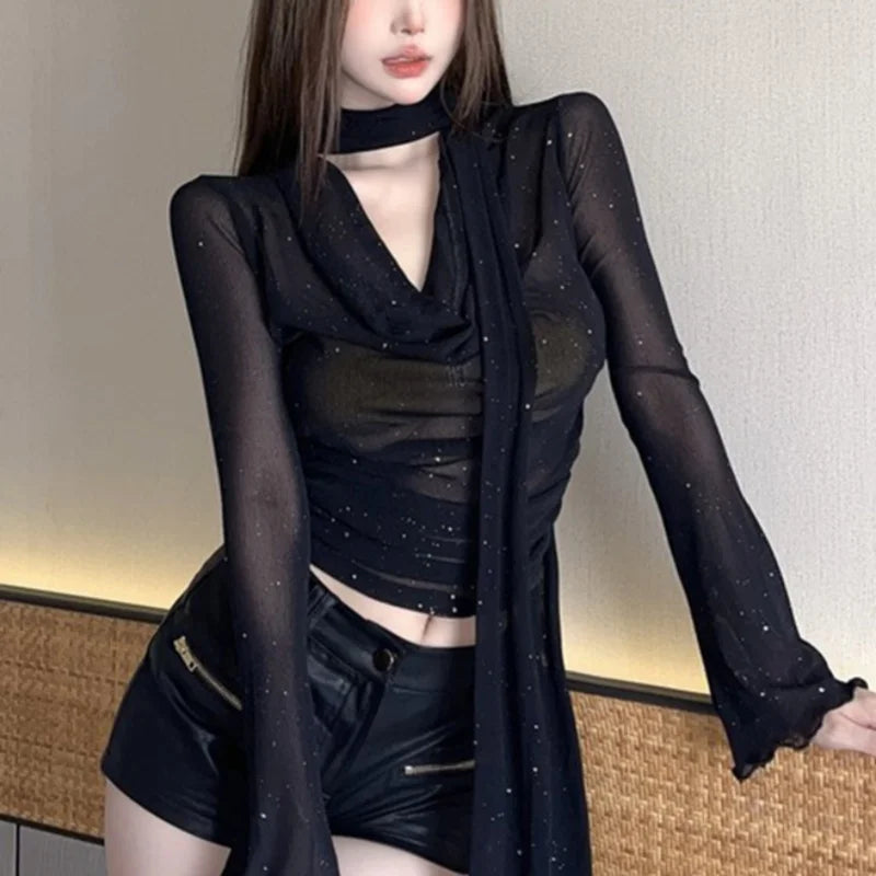 pantsparadises y2k Mesh Shirt Women Party Glitter See Through Cowl Neck Long Sleeve Tops 2000s Aesthetic Clothing Club Streetwear