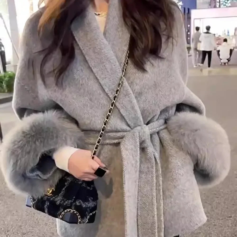 pantsparadises winter dinner outfits High End Double-sided Wool Strapping Real Wool Fur Coat Women's Removable Cuffs Fox Fur Temperament Cashmere Short Jacket