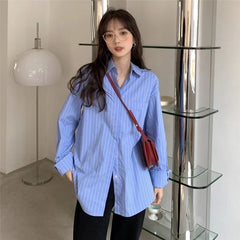 pantsparadises Shirts Women Blue Striped Loose Harajuku Long Sleeve Casual Spring Tops Students All-match Fashion Simple Korean Ulzzang Chic BF