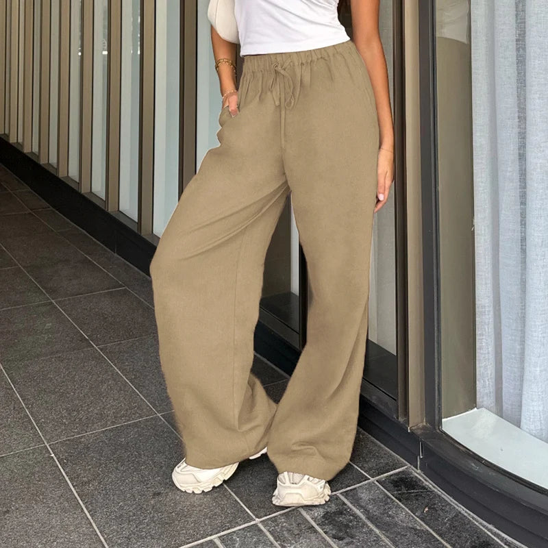 pantsparadises Cotton Linen Drawstring Straight-leg Pants Coquette Y2K Aesthetics  Wide Leg Trousers Fashion Solid Harajuku Women