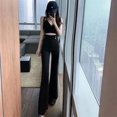 pantsparadises Summer Flared Pants Aesthetic Flare Leggings Trousers for Women Korean Style Fluid Fashion High Waist Wide Leg Palazzo Long