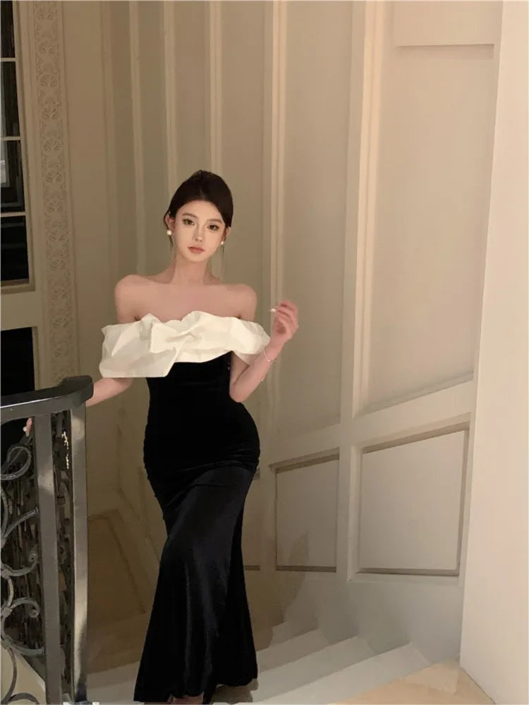 pantsparadises DRESS TO IMPRESS Mermaid Dresses Women Sexy Slash Neck Off Shoulder Ruffles Patchwork Elegant Slim Evening Party Dress Female Backless Vintage