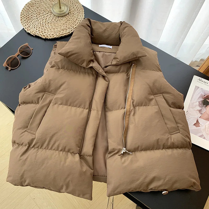 pantsparadises warm winter outfits Women Fashion Autumn New Stand Collar Elegant Down Coats Warm Outerwear Casual Belt Sleeveless Winter Women Vests Jackets