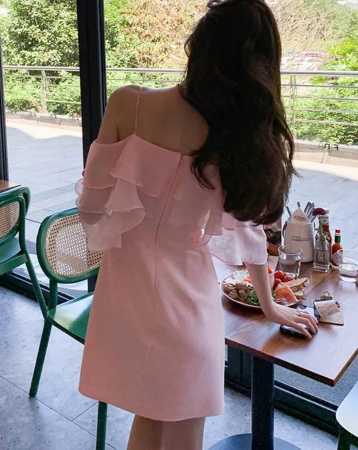 pantsparadises DRESS TO IMPRESS Pink Sweet Fairy Dress Women Ruffles Design Sexy Party Mini Dress Female Spring Elegant Princess Casual Korean Strap Dress