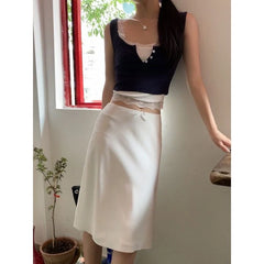 pantsparadises Elegant White Women Satin Skirt Fairycore Ruffle Mid Skirts Coquette A-line Basic Casual Korean Style Summer Silk Skirt