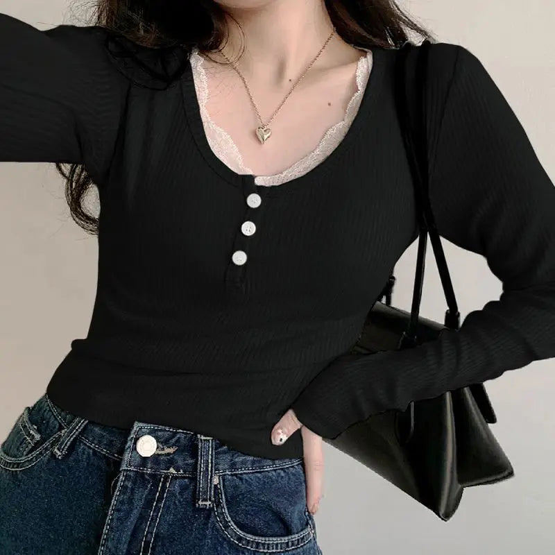 Women's T Shirts Long Sleeve Slim Lace Button Kawaii Tshirts Female Y2k Tops Casual Tees Pulovers 2024 Spring New Woman Clothin