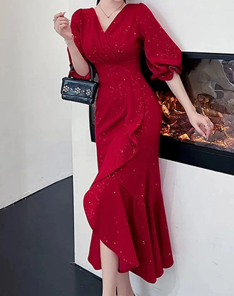 pantsparadises Elegant Midi Red Mermaid Dress Women Autumn Korean Sexy V-neck Irregular Sequins Dress Vintage Casual Evening Party Dress