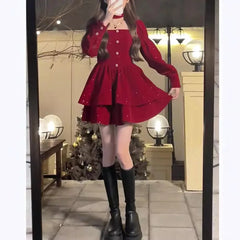 pantsparadises Christmas Red Dress Female Hepburn Style Temperament Long Sleeved Slim Velvet French Dress Autumn Winter Sweet Holiday Outfit