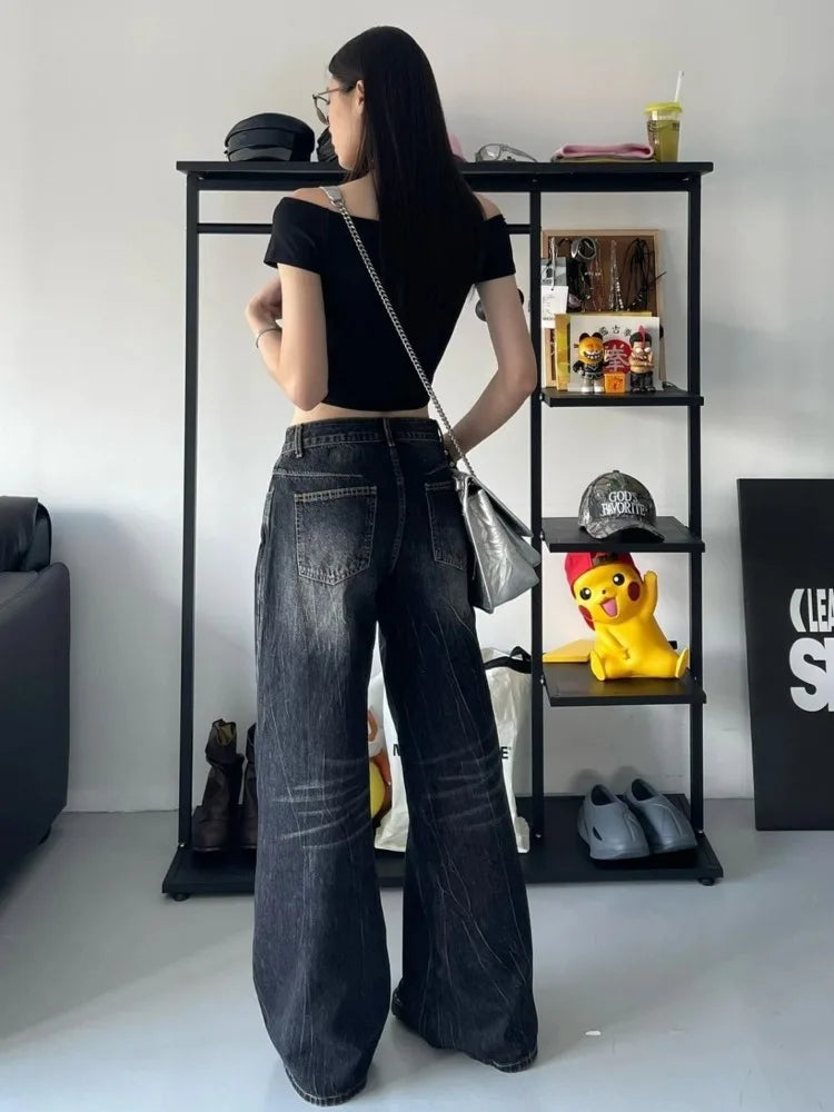 pantsparadises Grunge Y2k Black Jeans Women Baggy Vintage High Street Oversized Denim Trousers Gothic Gyaru 2000s Acubi Fashion Jeans