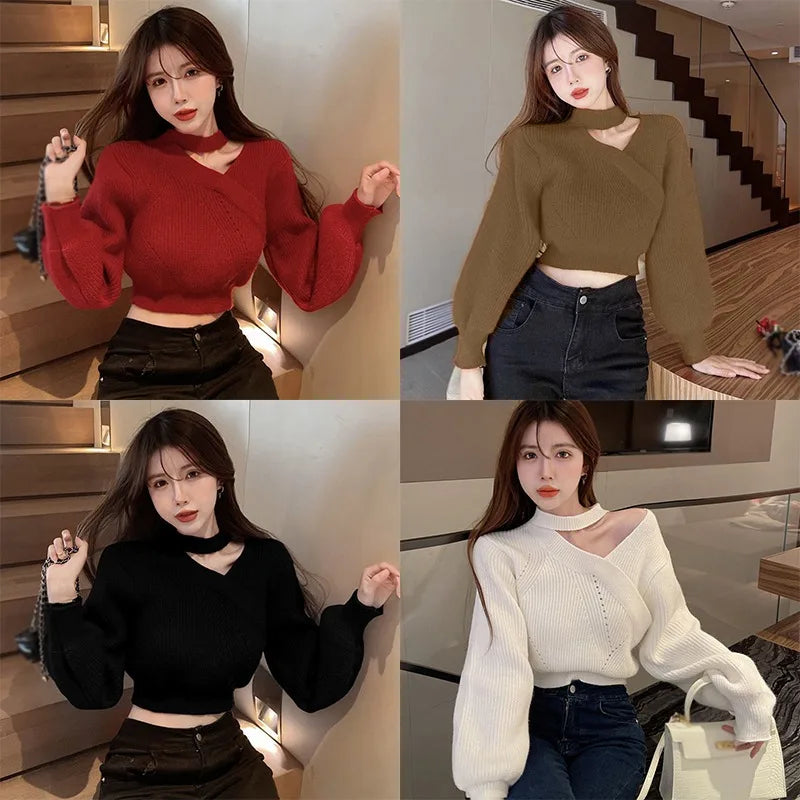 pantsparadises Women Christmas Sweater Autumn Winter Long Sleeved Sweater  Warm V-neck Off Shoulder