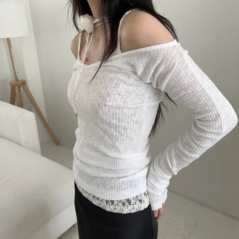 pantsparadises Coquette See Through Lace Cami and Pullover Two-piece Top Autumn Spring Chic T-shirts Matching Suit Korean Style Tees