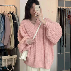 pantsparadises Autumn Winter Women Sweater Harajuku Oversized Knitted Pullovers Korean Long Sleeve V Neck Knitwear Preppy Solid Loose Jumper