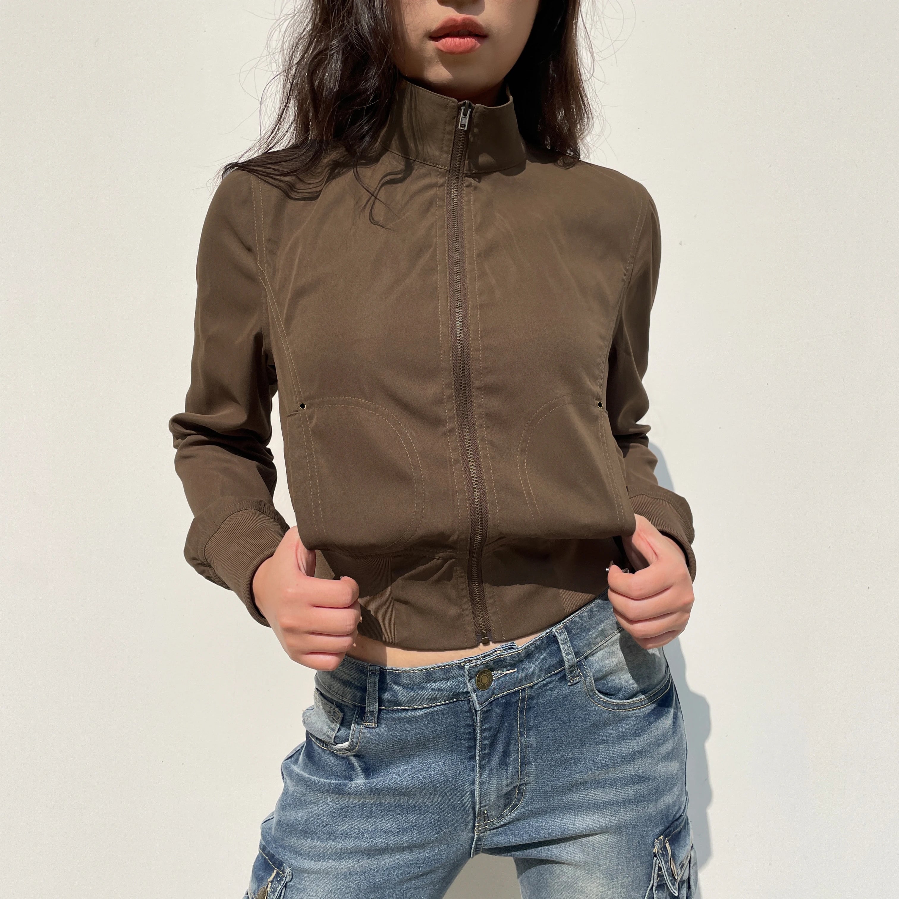 pantsparadises Vintage Brown Cropped Jackets Women Harajuku Casual Slim Cargo Zipper Coat Y2K Streetwear Long Sleeve Outerwear Autumn