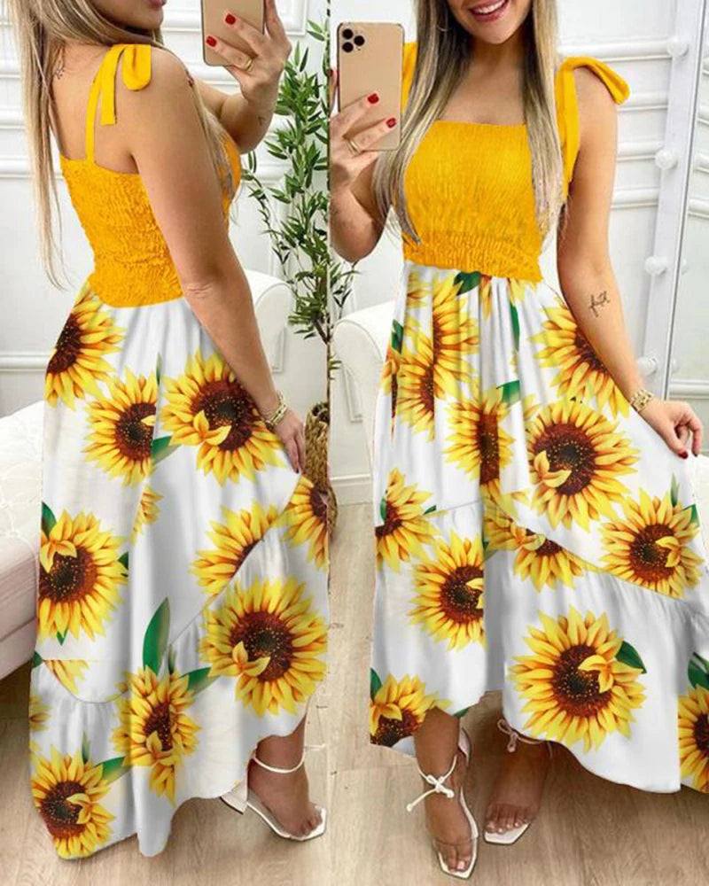 pantsparadises Summer Sexy Spaghetti Strap Floral Print Maxi Dress For Women Casual Elegant Chest Wrap Long Woman Beach Dress Holiday