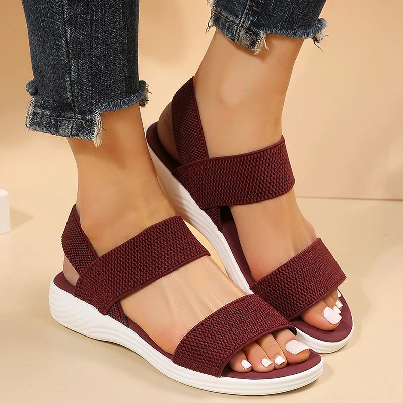 pantsparadises Women's Knit Elastic Cloth Wedge Sandals Slip On Lightweight Walking Sandals Women Plus Size Comfortable Summer Shoes Woman