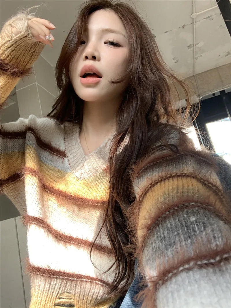 pantsparadises Women Striped Pullover Knitted Sweater 90s Aesthetic Harajuku Long Sleeve Sweater Y2k 2000s Vintage Fashion Clothes 2024