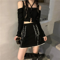 Black Lace Goth Skirt Women Streetwear Chic Belt Mini Fairy Grunge Skirts Patchwork Design Sexy Causal Skirts Womens Summer