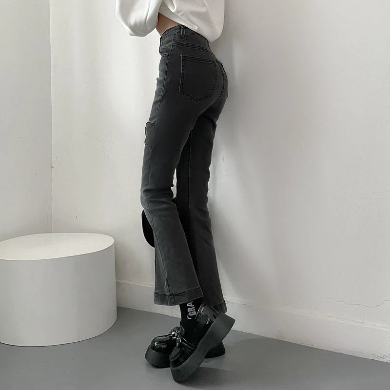 pantsparadises Jeans for Women Vintage Black Denim Flare Pants Streetwear High Waist Slim Mom Trouser Harajuku Y2K Pants