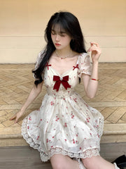 pantsparadises DRESS TO IMPRESS Coquette Lace Trim Bowknot Mini Dress Women Sweetheart Puff Sleeves Ruffle Floral Princess Lolita OP Summer Clothes