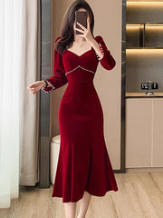 pantsparadises Women Red Velvet Elegant Christmas Dress Autumn Winter Chic Diamonds Square Collar Luxury Dress Korean Vintage Night Dress