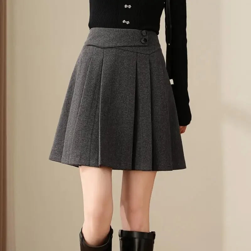 pantsparadises Preppy Style Pleated Wool Skirt Women Elegant Grey Sweet Mini Skirts Vintage Solid A-line Casual Autumn Short Skirts