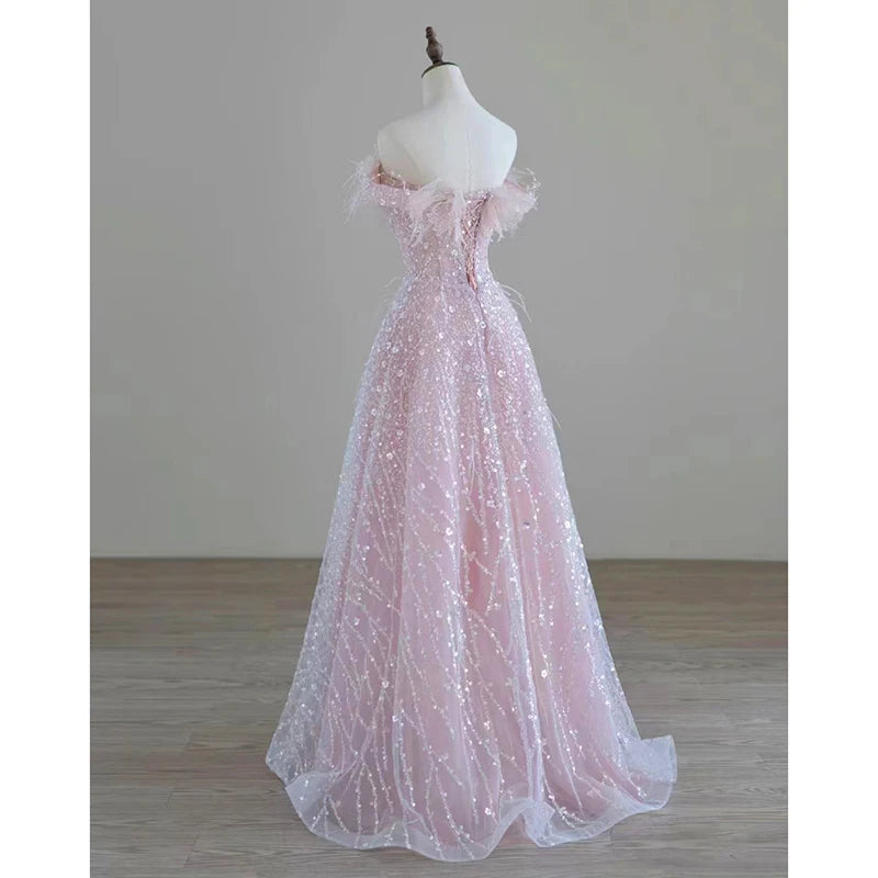 pantsparadises DRESS TO IMPRESS Pink Feather Sequin Evening Dress Bridal Dress Sleeveless V-neck Back Lace-up Birthday Party Gown Anniversary Dresses