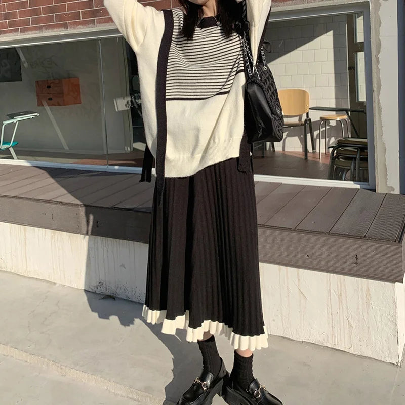 pantsparadises DRESS TO IMPRESS Japanese Vintage Knitted Skirt Women Black Patchwork Party Korean Y2k Skirt Female 2021 Winter Casual High Street Gothic Clothes