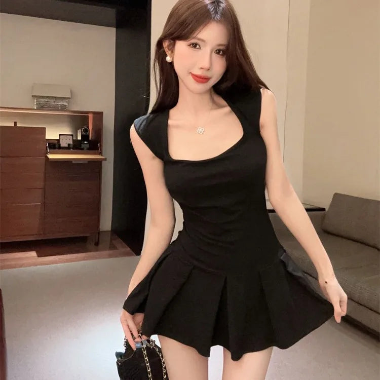 pantsparadises Fashion Sexy Backless Lace Up Black Dresses Y2k E-Girl Slim Waist Dress for Women 2025 Summer New A-line Vestidos Mujer