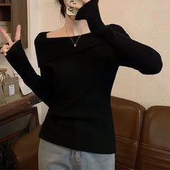 pantsparadises trashy outfits Solid Sexy Slim Off Shoulder Slash Neck Long Sleeve Knitting Sweater  Women Jumpers Office Fashion New