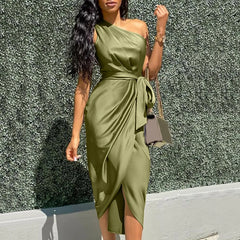 pantsparadises Summer Dresses Women Green Sexy One Shoulder Satin Asymmetrical Ruched Midi Evening Party Prom Dress Gown Bandage Plus Size Robe