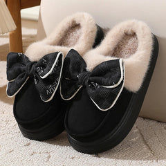 pantsparadises Women's Warm Home Slippers Cute Autumn Winter Bow Thick Plush Non-Slip Leisure Shoes Soft Bedroom Platform Flat Slides