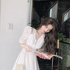 pantsparadises DRESS TO IMPRESS Elegant V-neck Midi Dress Women Summer Puff Sleeve White Casual Party Dress Female Office Kawaii Lace One-piece Dress Korean Y2k