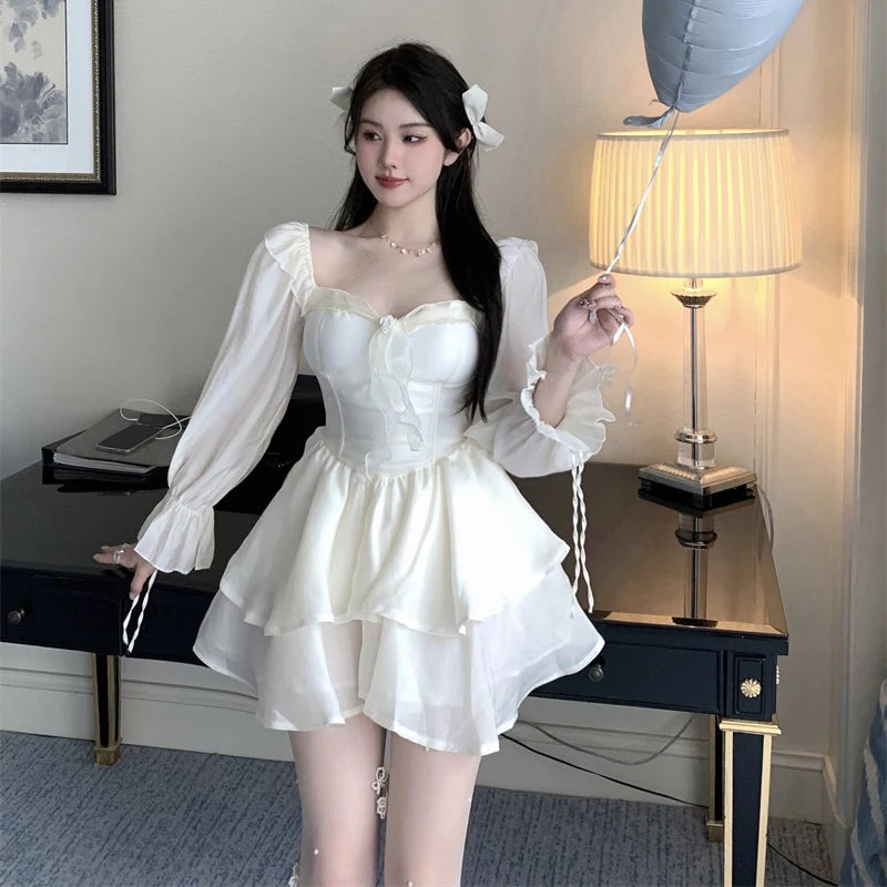 Summer Fashion Sweet Cake White Short Dresses Femme High Waist Long Sleeves Dress Fairy Elegant Lace Evening Dresses for Women