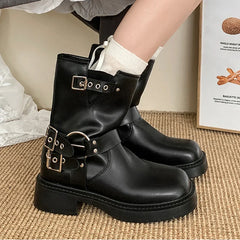 Winter Platform Synthetic Leather Boots Women Shoes Fashion Slip On Mid Heel Botas Ladies Retro Mordern Booties