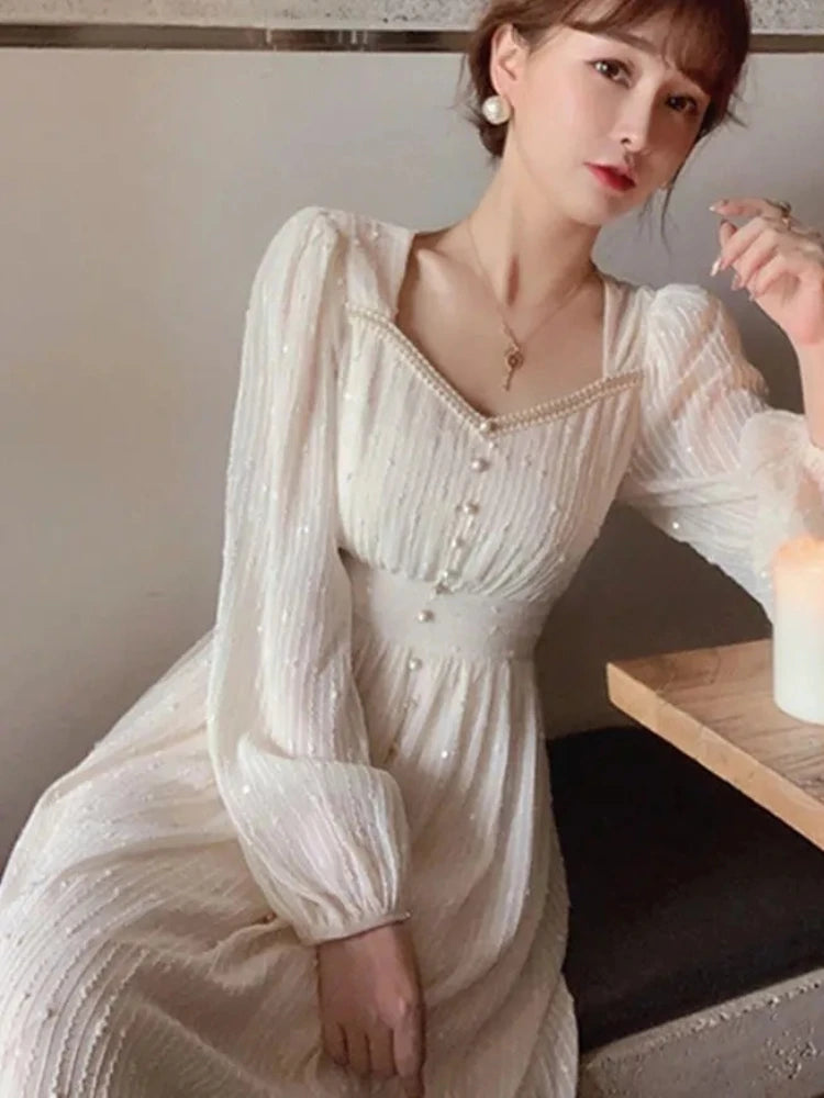 pantsparadises Autumn New Women Fashion Elegant White Midi Dresses Vintage Princess Female Party A Line Clothes Vestdios