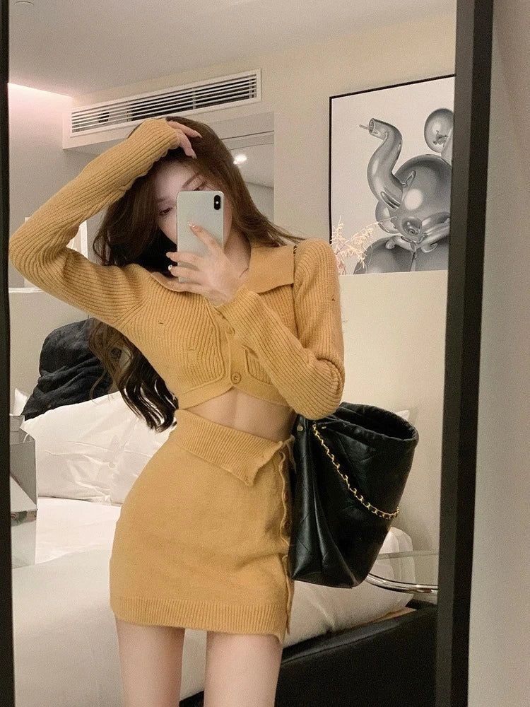 pantsparadises BACK TO SCHOOL OUTFIT Knitted 2 Piece Dress Set Dress Women Autumn Casual Long Sleeve Korean Style Sweater Suit Office Lady Elegant Y2k Chic Sets