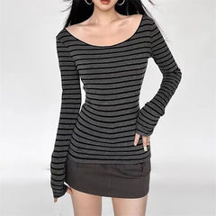 pantsparadises Y2K Grunge Emo 00s Vintage T-Shirt Black Grey Striped Off Shoulder Long Sleeve Jumper Top Chic Women Autumn Retro Goth Tee Shirt