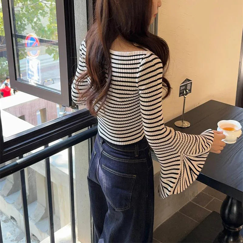 pantsparadises y2k Knit Top Women Clothes Elegant Striped Off Shoulder Flared Long Sleeve T Shirt 2000s Aesthetic Clothing Streetwear