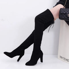 pantsparadises Women Spring Autumn New Fashion Side Zipper Long Boots Were Thin High-heeled Thick Suede Over-the-knee Ladies Black Gray Shoes