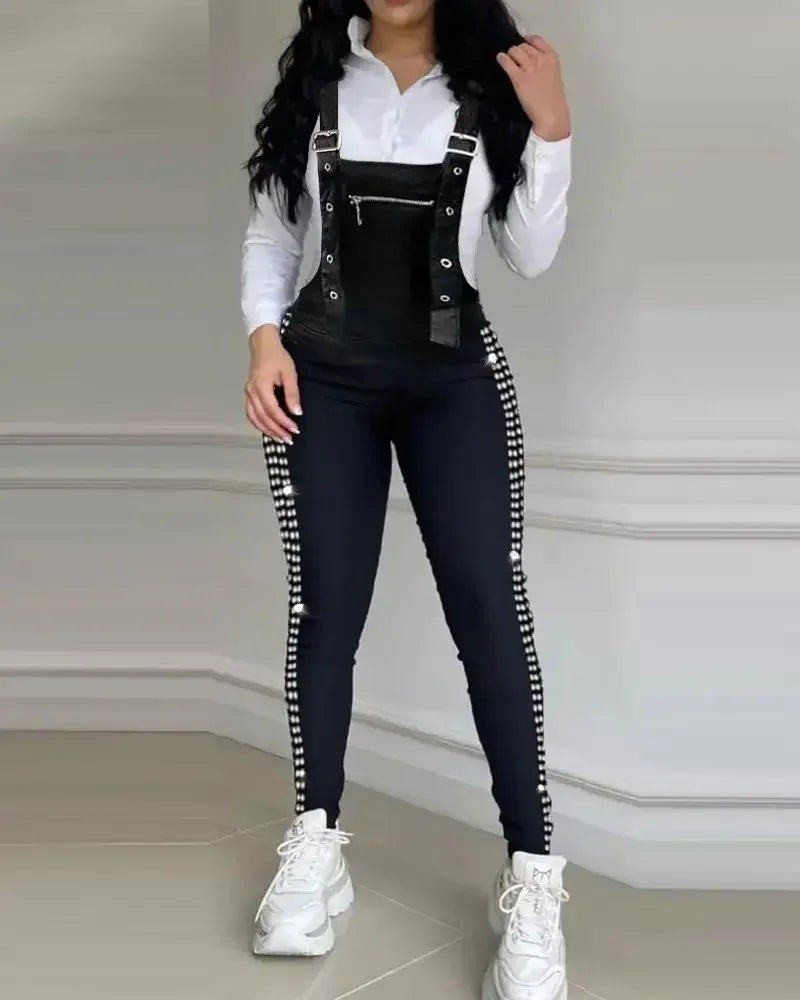 pantsparadises Summer Rhinestone Decor Buckled Suspender Jumpsuit Women Long Jumpsuits Elegant New Fashion Woman Casual Daily Clothing