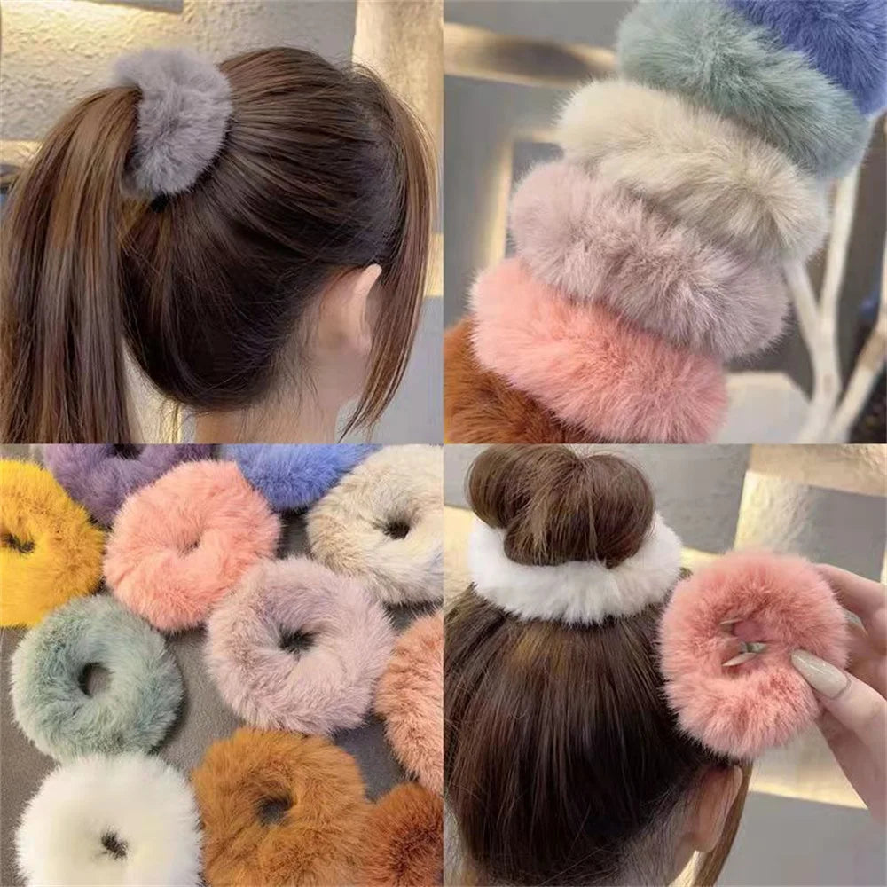 pantsparadises Winter Fluffy Fur Elastic Hair Bands Hair Rings For Women Girls Plush Hair Ropes Hairwear Rubber Band Hair Loop Hair Accessories