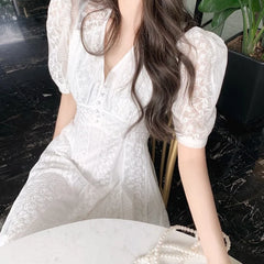 pantsparadises DRESS TO IMPRESS Elegant V-neck Midi Dress Women Summer Puff Sleeve White Casual Party Dress Female Office Kawaii Lace One-piece Dress Korean Y2k