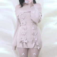 pantsparadises Cottage Fairy 00s Vintage Knitted Dress Japanese Off Shoulder Pullovers Mini Dress Fairy Y2K Kawaii Tie Up Retro Sweater Dress