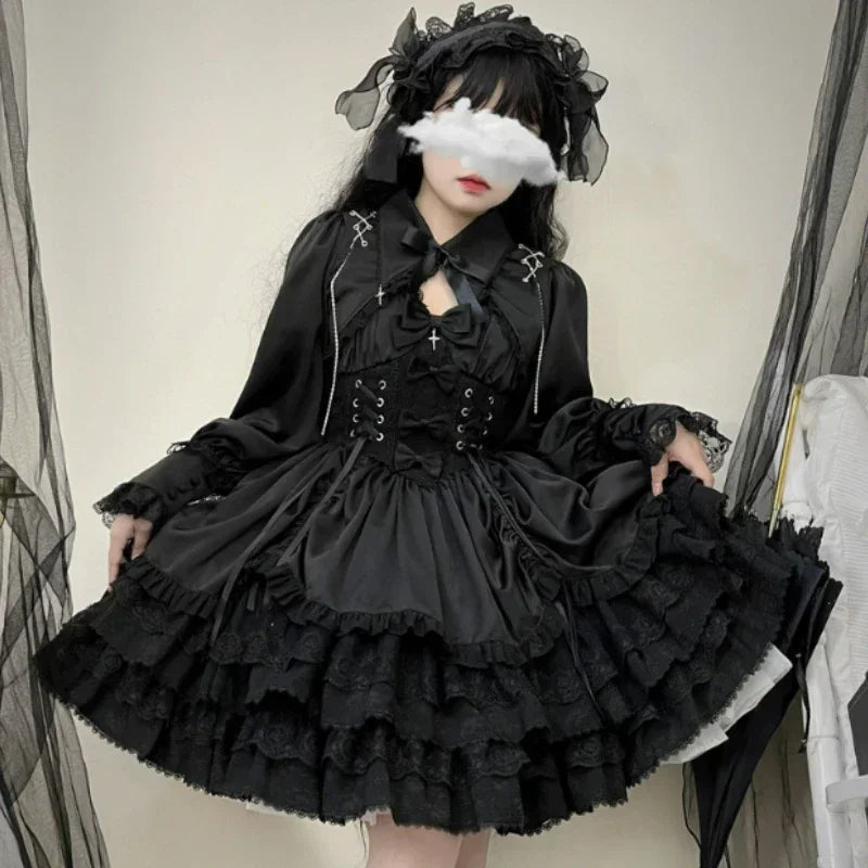 pantsparadises Japanese Victorian Gothic Lolita Dress Women Punk Style Sweet Lace Bow Eveing Party Dresses Harajuku Y2k Cosplay Princess Dress