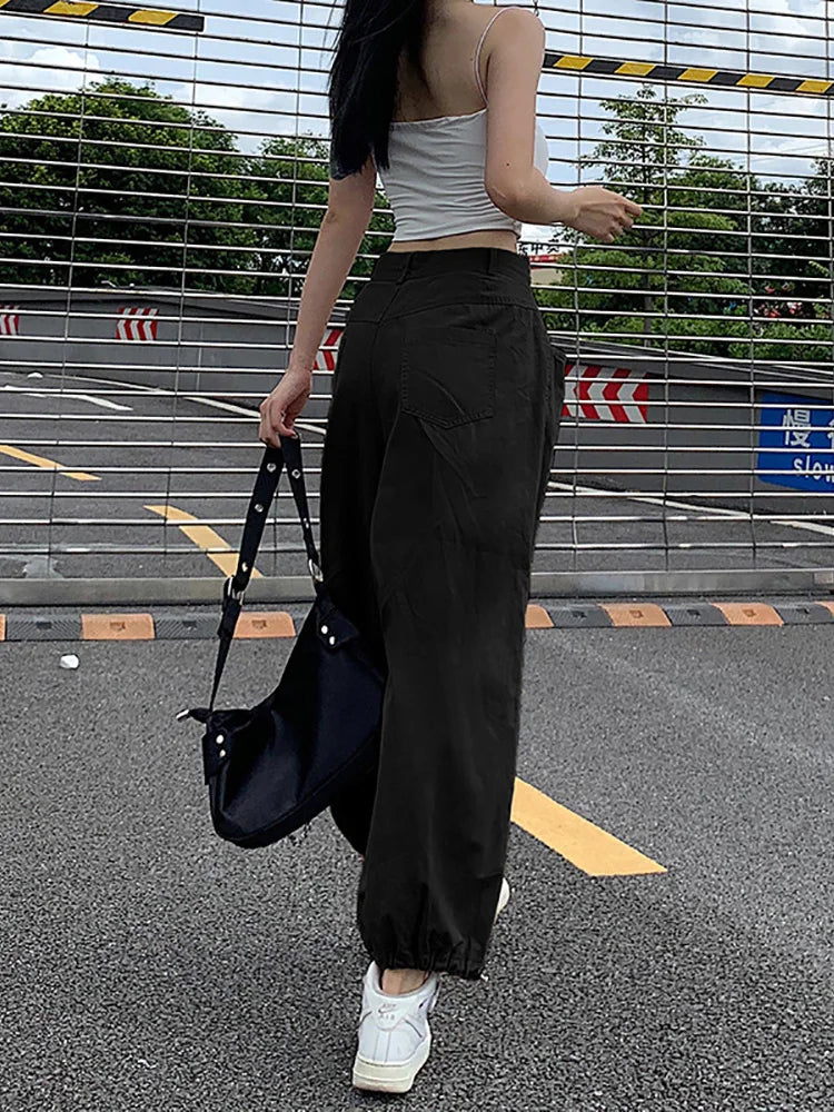 pantsparadises Y2K Fashion Khaki Oversized Cargo Pants Hip Hop Style Loosed Adjustable Waist Drawstring Long Pant Streetwear 90s Autumn